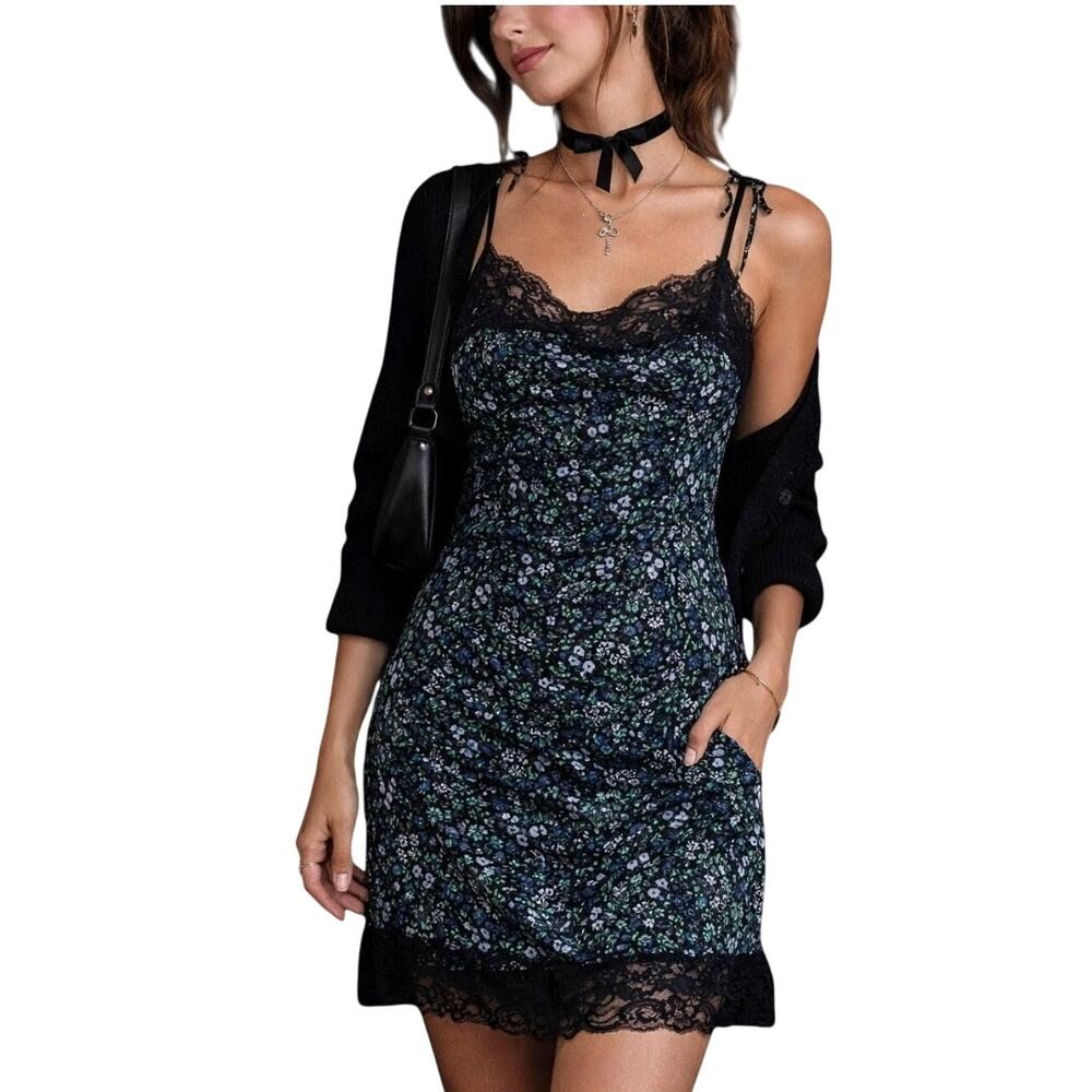 Aerie Y2K Floral Mini Lace Trim Slip Dress Size XL Blue Fairy Cottage Coquette